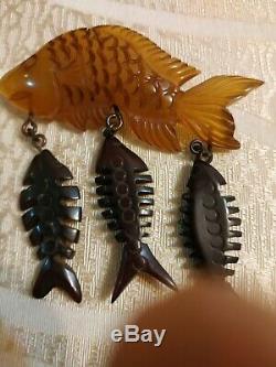Rare vintage bakelite pin brooch fish and fish bone
