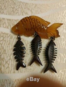 Rare vintage bakelite pin brooch fish and fish bone