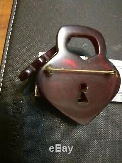 Rare vintage cherry amber bakelite pin brooch key to heart