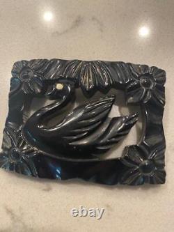 Sale Vintage Bakelite Black Swan With White Eye Deep Carved Brooch/pin Tested