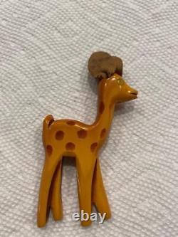 Sale Vintage Rare Bakelite Butterscotch Deer With Leather Ears Pin Brooch Tested