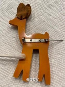 Sale Vintage Rare Bakelite Butterscotch Deer With Leather Ears Pin Brooch Tested