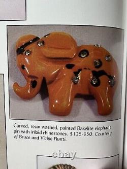 Schiffer Book Piece Bakelite Elephant Vtg Rhinestones Painted Carved Brooch Pin