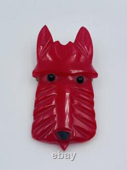 Shultz Signed Vintage Carved Red Bakelite Figural Scottie Dog Pin