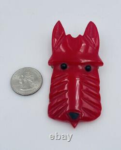 Shultz Signed Vintage Carved Red Bakelite Figural Scottie Dog Pin