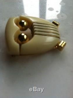 Stunning Rare Bakelite Lucky White Owl Pin Brooch Vtg Costume Jewelry Gold Tone