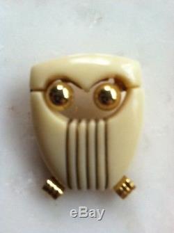 Stunning Rare Bakelite Lucky White Owl Pin Brooch Vtg Costume Jewelry Gold Tone