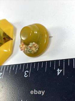 Two Vintage Bakelite Pin Brooches One Reverse Carved PaintedSee Video