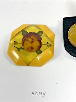 Two Vintage Bakelite Pin Brooches One Reverse Carved PaintedSee Video
