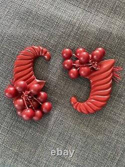 Two Vintage Red Bakelite Brooch Pin Cornucopia Cherries Thanksgiving Holidays
