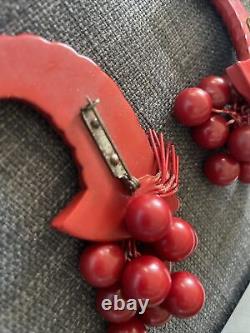 Two Vintage Red Bakelite Brooch Pin Cornucopia Cherries Thanksgiving Holidays