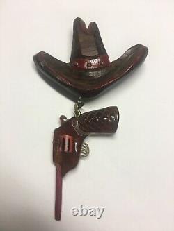 UNUSUAL Bakelite Tortoise Gun w Metal Trigger on Carved Wood Hat Pin Vintage