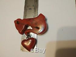 Unique vintage bakelite cat pin brooch dangle heart