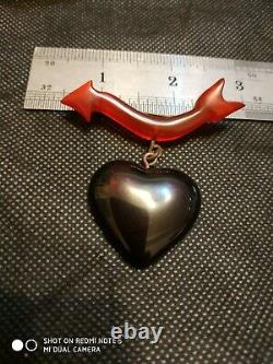 Unique vintage bakelite heart pin brooch reversed carved fish