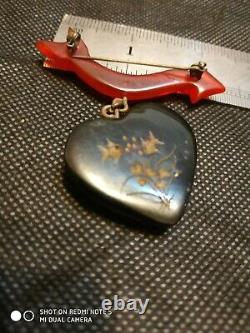 Unique vintage bakelite heart pin brooch reversed carved fish