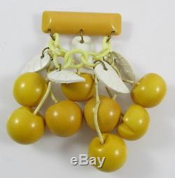 Unusual Vintage Bakelite Carved Yellow Cherries Dangling Pin Brooch