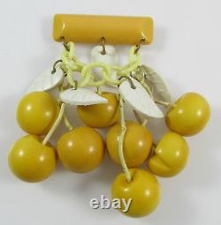 Unusual Vintage Bakelite Carved Yellow Cherries Dangling Pin Brooch