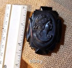 VICTORIAN BLACK MOURNING CAMEO Brooch Pin CELLULOID CARVED BAKELITE Vintage GOTH