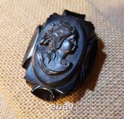 VICTORIAN BLACK MOURNING CAMEO Brooch Pin CELLULOID CARVED BAKELITE Vintage GOTH