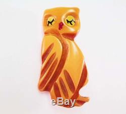 VINTAGE 1930-1940's MARTHA SLEEPER OWL PIN OVER DYED HAND CARVED PAINTED BROOCH
