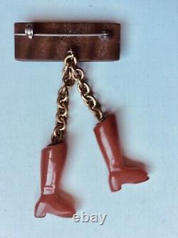 VINTAGE 1930's BAKELITE HANGING RED SHOES BOOTS PIN BROOCH