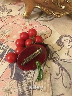 VINTAGE 1930s Bakelite Dangling Red EIGHT Cherry Brooch Pin