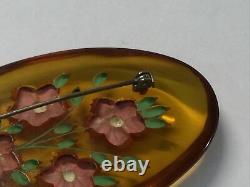 VINTAGE BAKELITE APPLE JUICE REVERSE CARVED & ENAMEL FLOWERS PIN 1930s (C836)