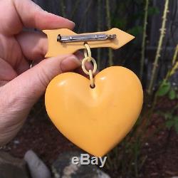 VINTAGE BAKELITE & Celluloid PIN BROOCH Carved HEART AND ARROW Butterscotch 3.5