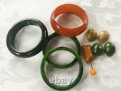 VINTAGE Bakelite Bangle Bracelet Lot + Shoe Clips and Pin Green & Caramel