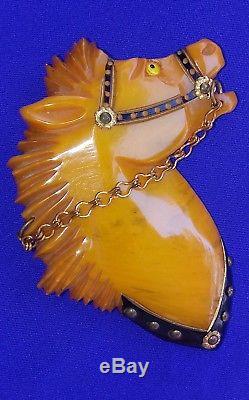 VINTAGE Bakelite Horse Pin Butterscotch 3 X 2 5/8 Carved Glass Eye Brass Studs