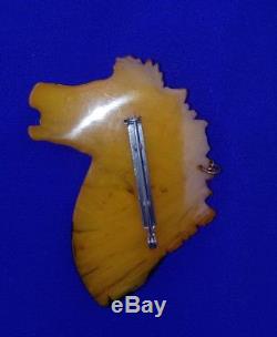 VINTAGE Bakelite Horse Pin Butterscotch 3 X 2 5/8 Carved Glass Eye Brass Studs