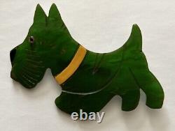 VINTAGE CARVED & PAINTED BAKELITE Green Scottie Dog Brooch Adorable Unusual Flat