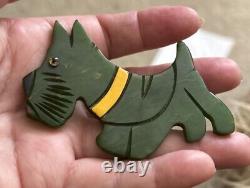 VINTAGE CARVED & PAINTED BAKELITE Green Scottie Dog Brooch Adorable Unusual Flat