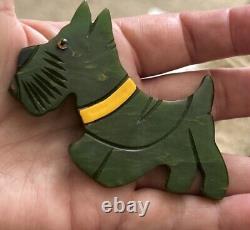 VINTAGE CARVED & PAINTED BAKELITE Green Scottie Dog Brooch Adorable Unusual Flat