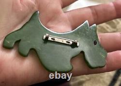 VINTAGE CARVED & PAINTED BAKELITE Green Scottie Dog Brooch Adorable Unusual Flat