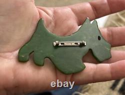 VINTAGE CARVED & PAINTED BAKELITE Green Scottie Dog Brooch Adorable Unusual Flat