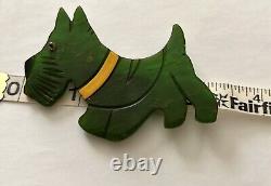 VINTAGE CARVED & PAINTED BAKELITE Green Scottie Dog Brooch Adorable Unusual Flat