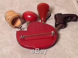 VINTAGE CARVED Red BAKELITE & wood FOOTBALL THEME Brooch / Pin WITH DANGLES