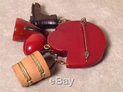 VINTAGE CARVED Red BAKELITE & wood FOOTBALL THEME Brooch / Pin WITH DANGLES