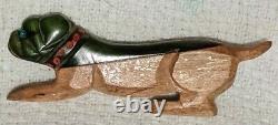 VINTAGE Green BAKELITE & WOOD Carved BULLDOG Dog Pin BROOCH 3.25 Length