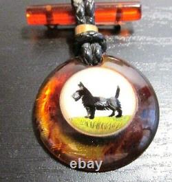 VINTAGE Jewelry Bakelite & Glass Pin Reversed Carved Scotty Dog Button