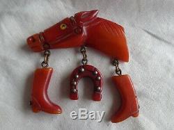 VINTAGE RED BAKELITE FIGURAL HORSE With DANGLING CHARMS FIGURAL PIN OLD ESTATE