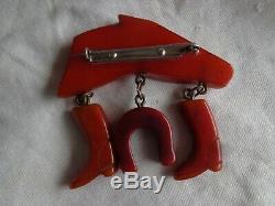 VINTAGE RED BAKELITE FIGURAL HORSE With DANGLING CHARMS FIGURAL PIN OLD ESTATE