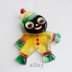 VTG 1940s Carved Painted Lucite Googly Eyed Clown Brooch Pin Black Americana