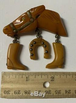 VTG Bakelite Butterscotch Racing Horse Head Pin Brooch withBoots&Shoe Dangles