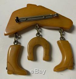 VTG Bakelite Butterscotch Racing Horse Head Pin Brooch withBoots&Shoe Dangles