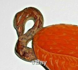 VTG Bakelite Carved Flamingo Red /Leather Brooch Pin 3 -1/2long (Book Piece)