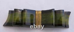 VTG Bakelite Chunky 2 Color Black&Green Laminate Figural Bow with Brass Pin Brooch