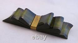 VTG Bakelite Chunky 2 Color Black&Green Laminate Figural Bow with Brass Pin Brooch