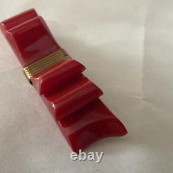 VTG Bakelite Chunky Apple Red Bow w brass Pin Brooch